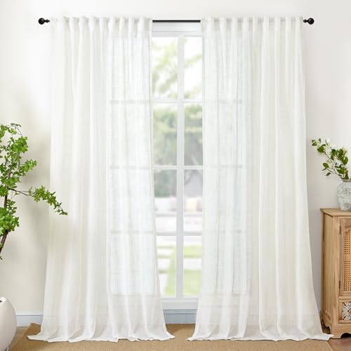 YoungsTex Extra Long Linen Semi Sheer Curtains 108 Inch Length - Ivory White Light Filtering Drapes with Rod Pocket Back Tab Privacy for Living Room Bedroom, 2 Panels, 52 X 108 Inch