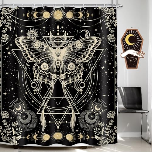 LGhtyro Gold Moth Shower Curtain 60Wx71H Inch Moon Phase Shower Curtain Bathroom Set Gothic Black Butterfly Moonlit Bath Curtain Witchy Tarot Halloween Bathtub Accessories Decor for Teens