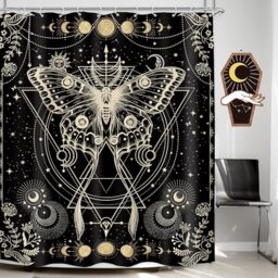 LGhtyro Gold Moth Shower Curtain 60Wx71H Inch Moon Phase Shower Curtain Bathroom Set Gothic Black Butterfly Moonlit Bath Curtain Witchy Tarot Halloween Bathtub Accessories Decor for Teens