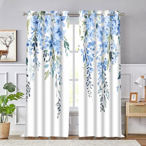 EOTDMS Blue Watercolor Floral Curtains, 42x84 inch, 2 Panels - Botanical Leaves Vine Flowers, Rustic Farmhouse, Blackout Window Treatment, For Bedroom Living Room