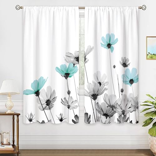 oolygoo Farmhouse Teal Grey Floral Daisy Window Curtains Blue Rustic Flower Turquoise Plant Wildflower Farmhouse Curtain Drapes Herb Curtains for Bedroom Living Room Treatment 2 Panels 42Wx63H Inch