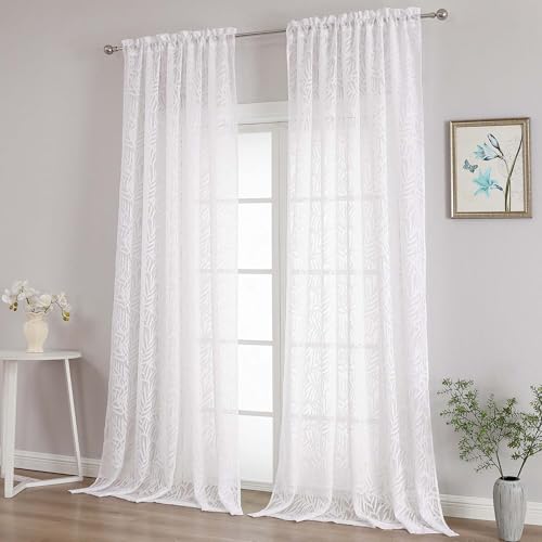 OVZME Extra Wide White Sheer Curtains 108 Inches Long 2 Panels Set, Leaf Jacquard Lightweight Textured Semi Sheer Curtains for Sliding Door, Dual Rod Pocket Elegant Drapes, 2x52Wx108L Inches