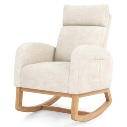 RELAX4LIFE Nursing Rocking Chair, Upholstered Chenille Fabric Relax Rocker Armchair with Headrest, Side Pockets & Solid Wood Legs, High Back Accent Lounge Recliner for Living Room, Bedroom