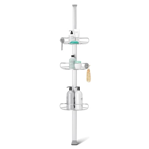 simplehuman Medium Tension Shower Caddy, Telescopic Corner Bathroom Shelf Storage Organiser, Extends 1.5m to 2.4m, Easy to Install, No Drilling, Rustproof, Adjustable Shelves, BT1109DC