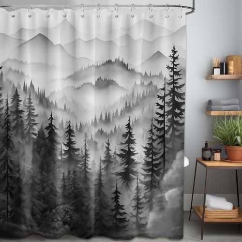 QGHOT Mountain Shower Curtain Black and White Forest Nature Shower Curtains for Mens Bathroom Charcoal Grey Rustic Woodland Pine Tree Cool Bath Decor Sets, Waterproof Fabric with Hooks, 70x84in