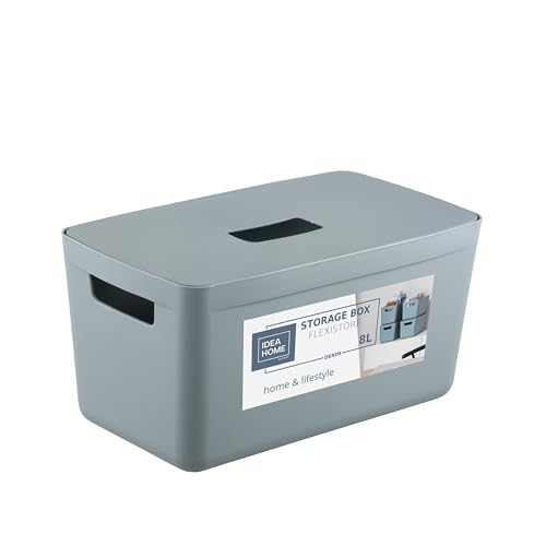 IDEA HOME FLEXISTORE Storage Box 8L ??? Durable Organizer with Lid and Handles ??? Unbreakable Plastic ??? Denim Blue Storage Container for Home and Office