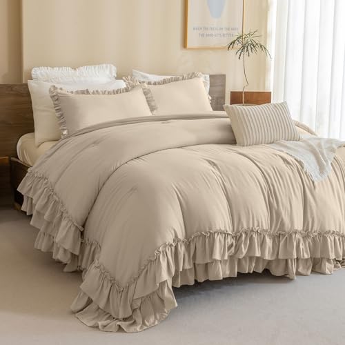 Masaca Ruffled Comforter Set Queen,3-Piece Farmhouse Shabby Boho Chic Bedding,Ultra Soft Linen Feel Textured Bed Comforter Set (1 Ruffle Comforter+2 Pillow Shams)