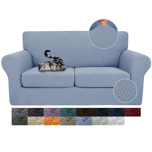 JIVINER 3 Pieces Stretch Couch Covers for 2 Cushion Couch Fitted Thick Loveseat Sofa Slipcover with 2 Seat Cushion Covers for Living Room Pet Dogs (Loveseat, Light Blue)