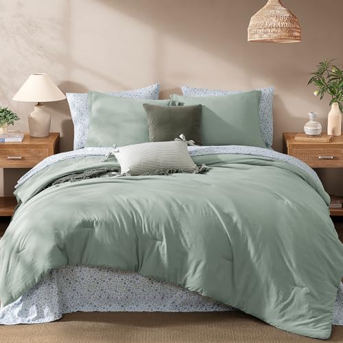Monbix Full Size Comforter Sets-7 Pieces Soft Bed in a Bag Full Bedding Set - Sage Green Lightweight Prewashed All Season Comforter Bed Set with Printed Sheets, Pillowcases & Shams