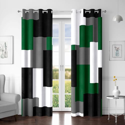 Tyrot Green Blackout Curtains for Bedroom 96 inch Long 2 Panels Set Black Grey White Modern Abstract Geometric Black Out Curtains Insulated Room Darkening Window Drapes for Living Room, 52Wx96L
