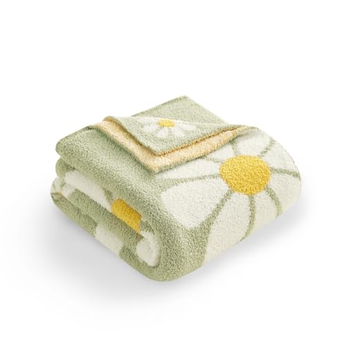 Snuggle Sac Sunflower Throw Blanket for Couch, Fuzzy Microfiber Floral Blankets, Cute Throws for Girls Daughter Gifts for Kid, Flower Sage Green, 50x60 inches