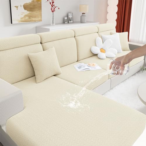 hyha Waterproof Couch Cushion Covers, Stretch Magic Sofa Covers Washable, Thick Jacquard Fabric, Waterproof Sofa Couch Covers for 2 Cushion Couch Sofa for Pets (Medium, Beige)