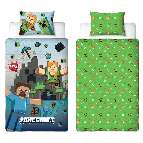 Minecraft Officially Licensed Movie Single Duvet Cover Set - Reversible Bedding with Level Design 2 Sided Includes Matching Pillowcase - Single Set