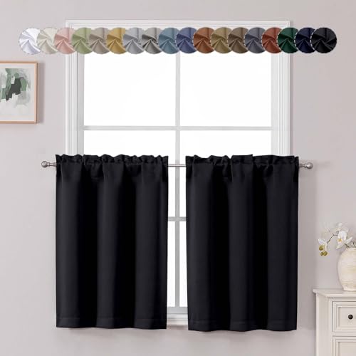 "Chyhomenyc Short Black Out Curtains 30 Inch Length, Small Blackout Curtain Rod Pocket Half Window Curtains for Kitchen Basement Cabinet Camper RV Bunk, 2 PCS, Each 30"" Wx30 L, Black"