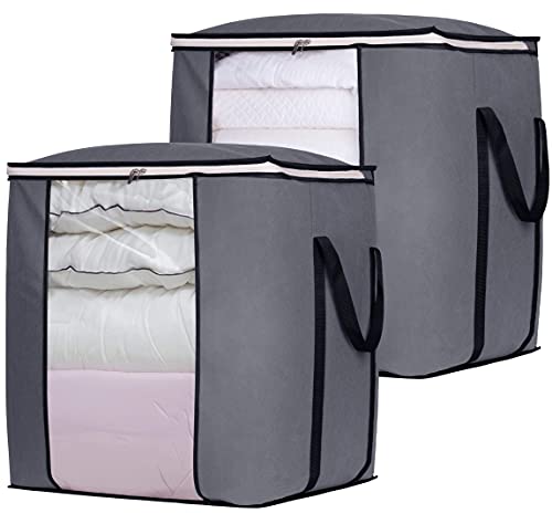 SLEEPING LAMB Storage Bags Foldable Closet Linen Bins Pillow Quilt Comforter Organizer for Bedroom Home Dorm College, 2 Pack, Gray