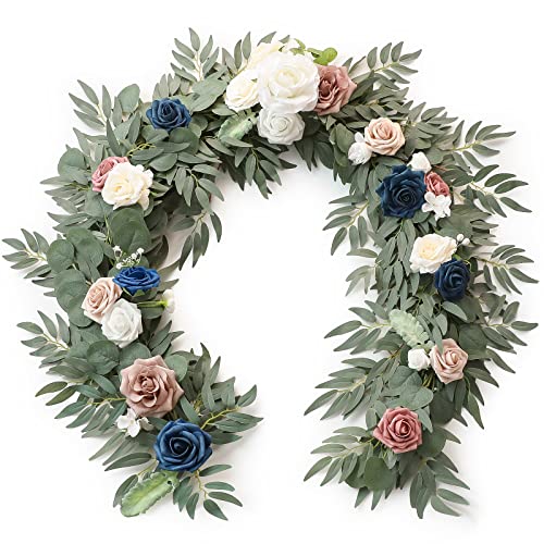 Floroom 6ft Artificial Eucalyptus Garland with Flowers Fake Greenery Faux Floral Vine Garland for Table Decor Wedding Centerpieces Bridal Shower Party Decorations, Dusty Rose & Navy