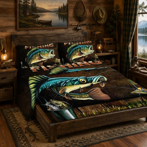 "Nttopship Big Pike Fish 4 Pieces Bed Sheet Sets Full Size Hunting and Fishing Brown Green Bedding Sets with 16"" Deep Pockets Fishing Bedroom Decor,Bedding Set 4 PCS(1 Fitted+1 Flat+2 Pillowcases)"