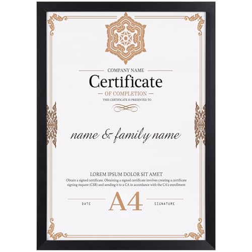 Ditwis A4 Picture Frame Black, A4 Photo Frame for Certificates, Documents, Artwork and Photos (21x29.7 cm), Modern Frame for Living Rooms, Bedrooms and Offices