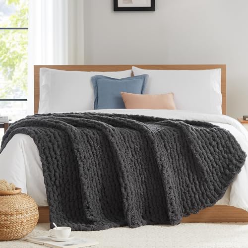 L'AGRATY Chunky Knit Throw Blanket for Couch, 80 x 90 Inches, Dark Grey - Handmade Chenille Crochet Blanket for Sofa Bed, Thick Cable Knitted Blankets for Room Home Decor, Birthday Gift for Women Mom