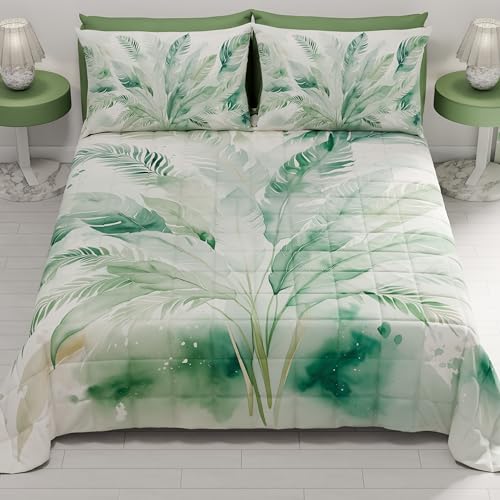 PETTI Artigiani Italiani - Summer Double Bedspread 260 x 270 cm 100 g/m² Double Sided Spring Quilt Lightweight Sage Palm Tree 100% Made in Italy