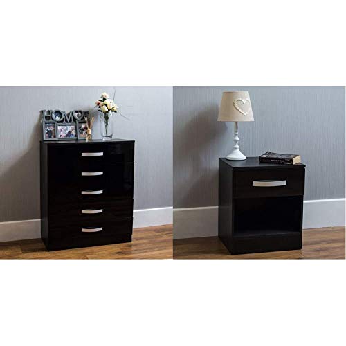 Vida Designs Hulio High Gloss Chest Of Drawers Black, 5 Drawer with Metal Handles & Runners & Amazon Brand - Movian High Gloss 1 Drawer Bedside Cabinet, Black, 47 x 40 x 36 cm