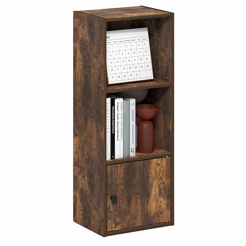 Furinno LUDER 3-Tier Bookshelf with Open Shelf, Standing Bookcase with 1 Door Cabinet, 23.6 x 30.5 x 80.0 cm, for Organization and Storage, for Living Room, Bedroom, Home Office, Amber Pine