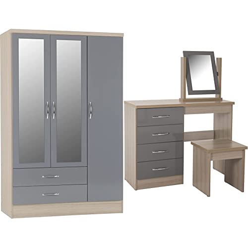 Seconique Nevada 3 Door 2 Drawer Wardrobe, Grey Gloss & Nevada 4 Drawer Dressing Table Set - Grey Gloss/Light Oak Effect Veneer