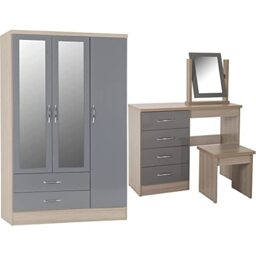 Seconique Nevada 3 Door 2 Drawer Wardrobe, Grey Gloss & Nevada 4 Drawer Dressing Table Set - Grey Gloss/Light Oak Effect Veneer