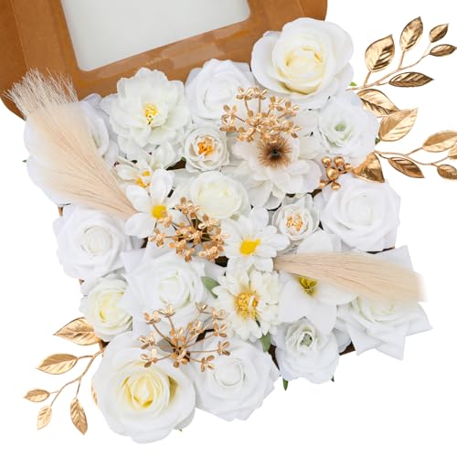 Floweroyal Artificial Flowers Combo Pure White Flowers Mix Silk Flowers Fake Roses with Stems for DIY Wedding Bridal Bouquets, Baby Shower, Floral Arrangement, Table Centerpieces, Home Decorations.