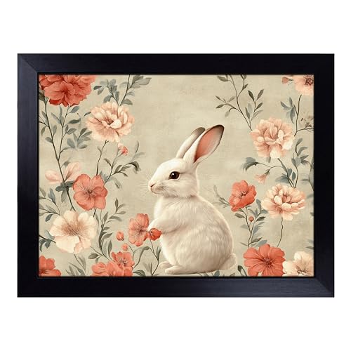 Lap Tray with Bean Bag Cushion, Rabbit - Handmade in the UK, Raised Wooden Edge, Padded Cushion, Heat-Resistant Wipe-Clean Surface, for Meals, Laptops and Crafts