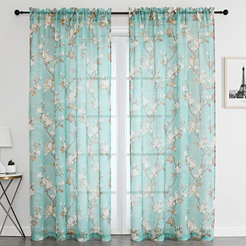 SMILE WEAVER Aqua Floral Semi Sheer Curtains 45 Inch Rod Pocket 2 Panels - Stylish Floral Design,Linen Textured - Light Filtering - 45 Inches Length - Living Room Bedroom Kitchen