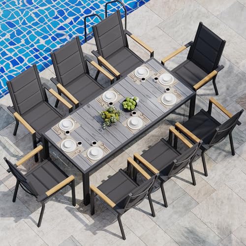 JUMMICO 8-Seater Garden Furniture Set, 150cm Wood Grain Table with 4 Stackable Aluminium Outdoor Chairs, Ideal for Patio, Garden & Poolside, Grey