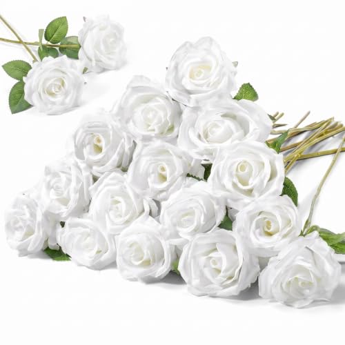 Hotop 20 Pcs Artificial Rose Flowers with Long Stem, Real Lifelike Silk Realistic Plastic Bouquet Roses Bulk for Home Decor Bridal Wedding Party Table Centerpieces Decorations(Pure White)