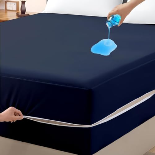 Mattress Protector Queen Size ??? 100% Waterproof Zippered Cover, 15-Inches Deep, Six-Sided Mattress Encasement for Bed, Zipper Closure Style (Navy Blue)