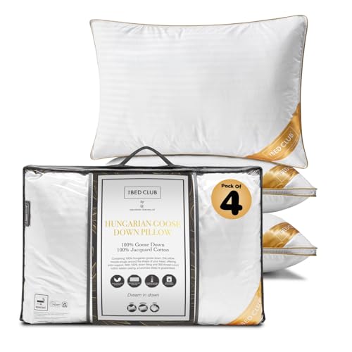 GC GAVENO CAVAILIA Hungarian Goose Down Pillow - Hypoallergenic Medium Neck Support Firm Pillow for Front & Back Side Sleeping With 100% Cotton Cover Bed - Pack of 4, 48x74 Cm