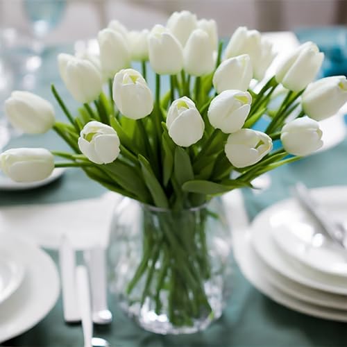 "30pcs Real Touch Tulips PU Artificial Flowers, Fake Tulips Flowers for Arrangement Wedding Party Easter Spring Home Dining Room Office Decoration. (White, 14"" Tall)"