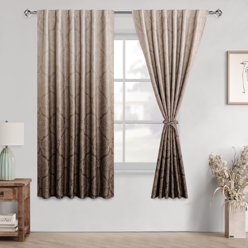 DWCN Room Darkening Curtains 63 inches Length - Back Tab Ombre Damask Patterned Tieable Window Drapes Thermal Insulted Light Blocking Curtains for Bedroom/Living Room, 2 Panels, W52 x L 63, Brown
