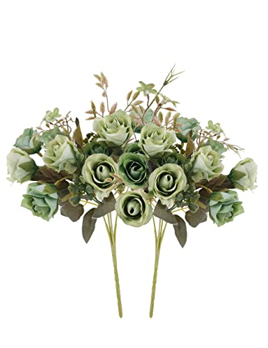 "Neendohome 2-Pack Artificial Flowers Small Roses 5 Stems 10 Heads, Green - 11.8"" Tall, Realistic, Never Wilt, Bridal Bouquet or Vase Centerpiece, for Wedding, Party, Home Decor, Sage Green"