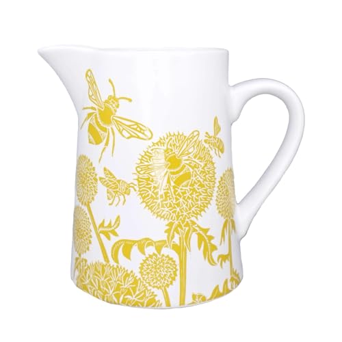 Half Moon Bay - Kate Heiss - Clover Blooms and Bees Ceramic Stoneware Jug - Mustard Yellow 500ml Milk Pitcher Flower Vase - Official Designer Merchandise - Elegant Botanical Housewarming Gift
