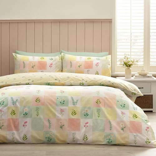 Catherine Lansfield Daisy Patchwork Reversible Single Duvet Cover Set with Pillowcase Yellow