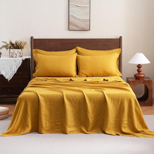 S VICTORY SYMBOL 100% Organic French Linen Sheets Set Queen Size,Natural Flax Bed Sheets,Ultra Soft Luxurious Stone Washed 4 Pieces Bedding Set(Yellow,Queen)