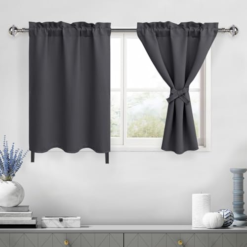 DWCN Dark Grey Blackout Curtains for Living Room, Bedroom - Thermal, Short 36 Inch for Cafe, Kitchen, Basement - 34 by 36 Inch, 1 Pair