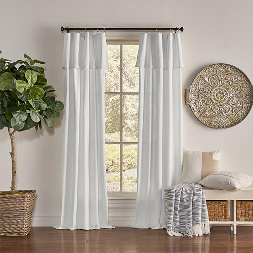 Mercantile Drop Cloth Curtain Panel, Light Filtering Ring & Tab Top with Attached Valance, 84 in Long x 50 in Wide, Farmhouse Single Window Panel, Bedroom, Living Room & Dining Room, White