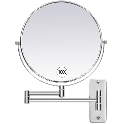 HOMEMIRO 9 Inch Wall Mounted Makeup Mirror with 10X Magnification,Double Sided Extendable Bathroom Vanity Mirror,360° Swivel 10X Magnifying Mirror,Silver Make Up Mirror Wall,12 Inch Extension,No Light