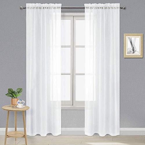 DWCN White Sheer Curtains 90 inches Long for Windows, Rod Pocket Elegant Gauzy Window Treatments with Light Filtering for Bedroom/Living Room/Patio Door, 2pcs, Each W42 x L90