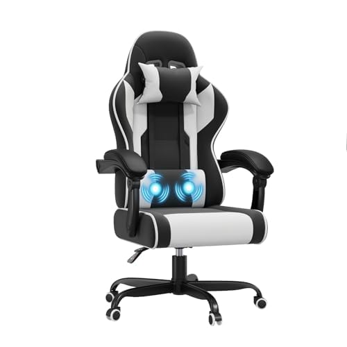 JUMMICO Office Chair with Massage Function,Racing Desk Chair Style High Back Reclining 135°, PU Leather Home Office PC Gaming Chair 150 kg - Black White