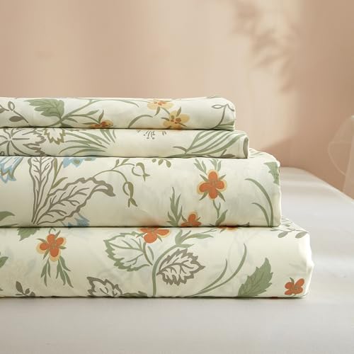 "HighBuy Floral Bed King Sheets 4 Piece - Vintage Floral Sheets King Sheet Sets,Green Flowers Botanical Sheets King,Comfy Cooling Bed Sheet Set with 16"" Deep Pocket Easy Fit,All Season King Sheet Set"