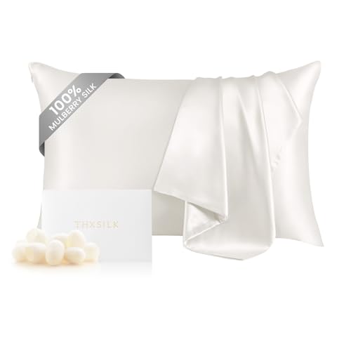 THXSILK 100% Pure Mulberry Silk Pillowcase for Hair and Skin, Highest 6A Grade Silk Pillow Case Standard Size, Real Silk Pillowcase with Zipper, Anti Aging Acne Free (White, Standard)