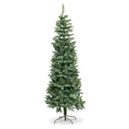 8Ft/2.4m Pre-Lit Green Christmas Tree Slim Tree Pine Narrow Xmas Tree, Pointed Tips, Metal Stand, Cool White LED Lights, Holiday Home Decorations