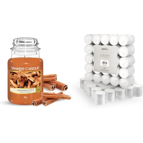 Yankee Candle Scented Candle - Cinnamon Stick Large Jar Candle - Long Burning Candles: up to 150 Hours & delka 8 Hour Tea Light Candles, 50 Pack, Long Burning Time, Unscented Tea Lights - White
